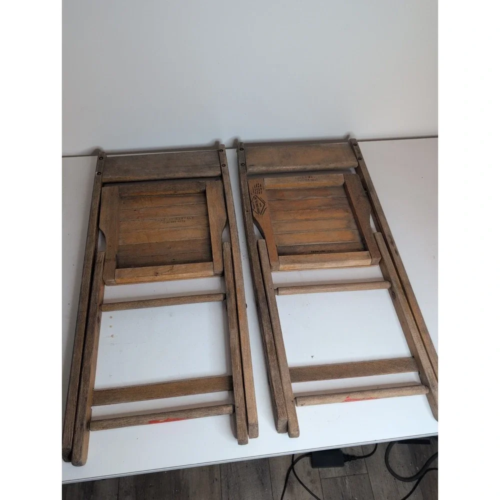 Lot Of 2 Antique Vintage Slat Wood Folding Chairs Snyder Chair Co. USA